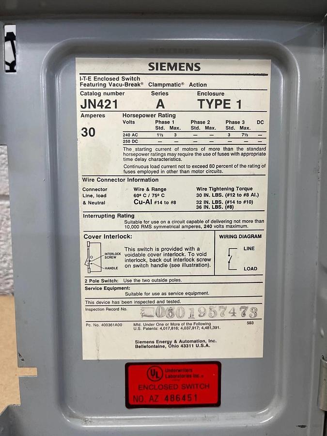 Used Siemens JN421 I-T-E Enclosed Switch Vacuum-Break Clapmatic Action 30A Type 1