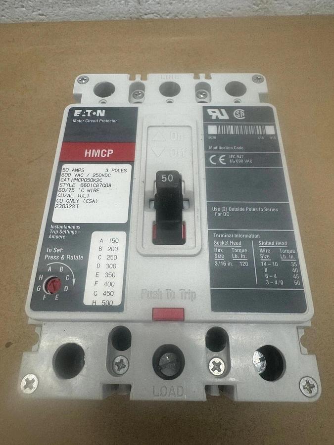 Used Eaton HMCP050K2C Motor Circuit Protector 50A, 600VAC-250VDC, 3 Poles