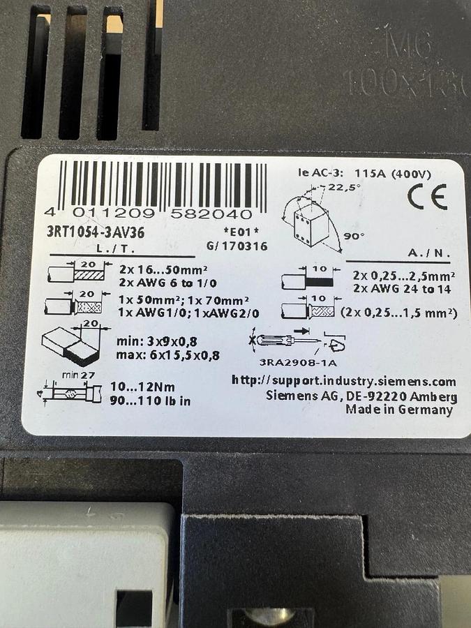 Used Siemens 3RT1054-3 Contactor Motor Control, w/ (x2) Siemens 3RH1921-2DA11