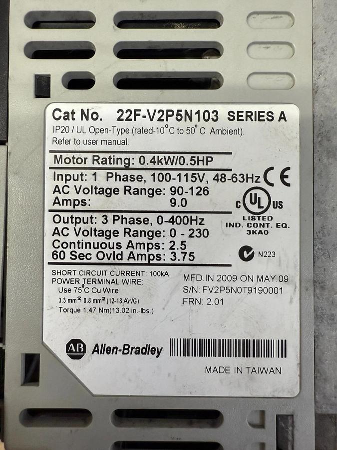 Used Allen-Bradley 22FV2P5N103 PowerFlex 4m, Series A, 5Hp, Drive - Broken Cover