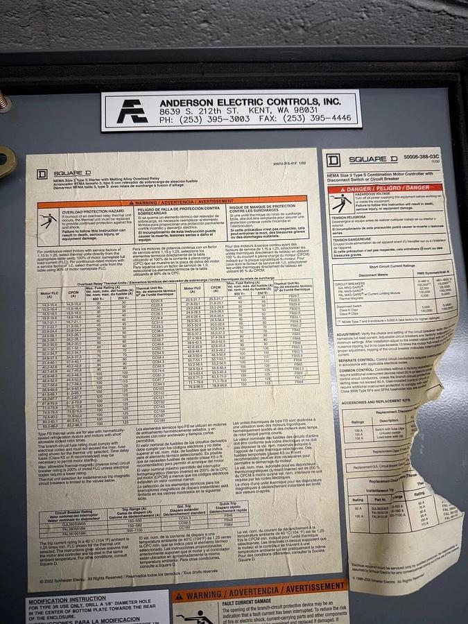Used Square D 8539SEA51V81CF4P71P72T Combination Starter, Fusible Disconnect Breaker