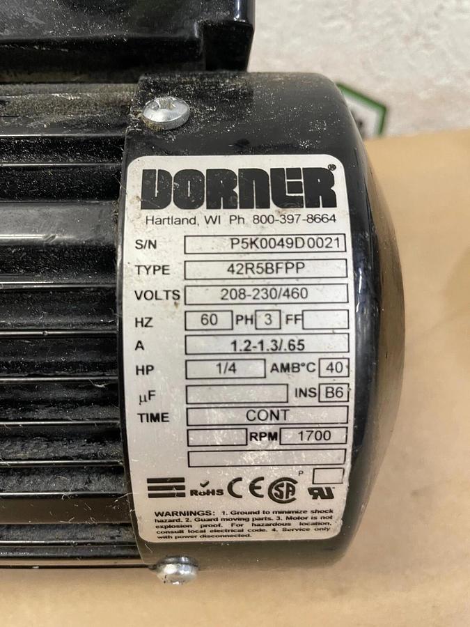 Used Dorner 42R5BFPP Gear Motor 1/4 HP, 60 Hz, w/ Boston Gear Gear Reducer F7105KB4J6