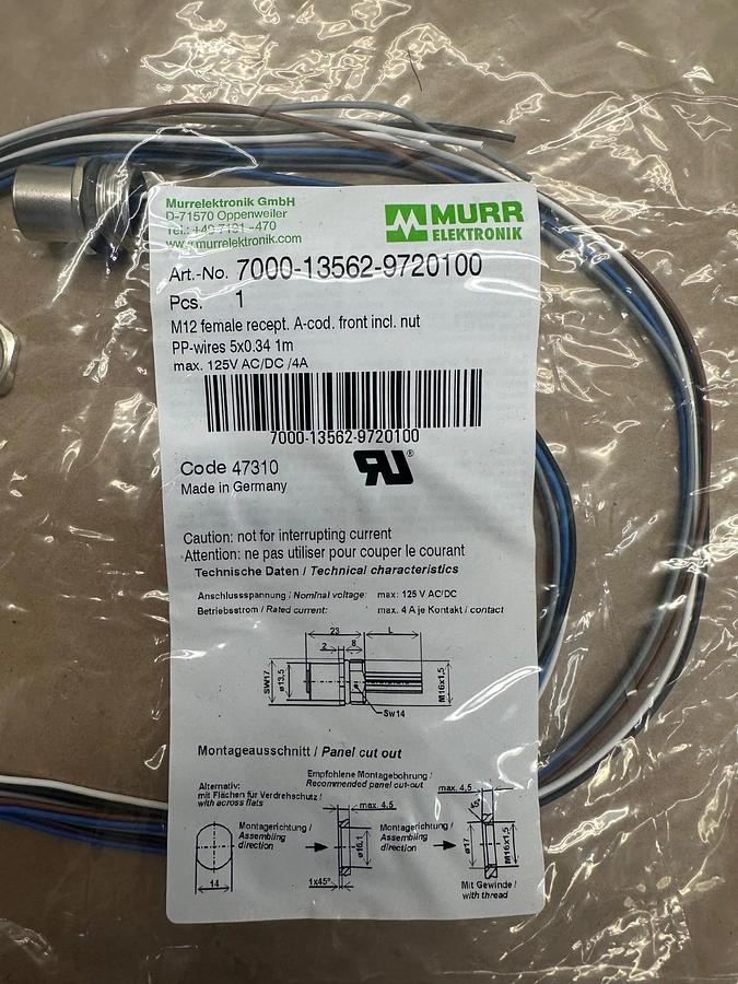 Used MURR Elektronik 7000-13562-9720100 M12 Female Recept. Connector *NEW*