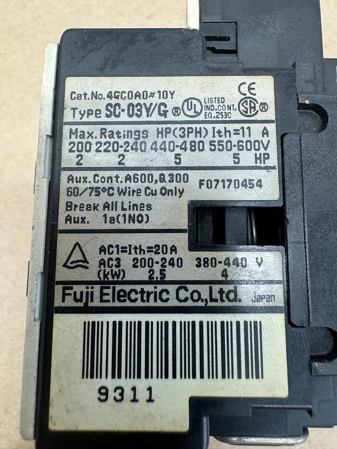 Used Fuji Electric SC-03Y/G Magnetic Contactor, 3 ph, 2.5 kW