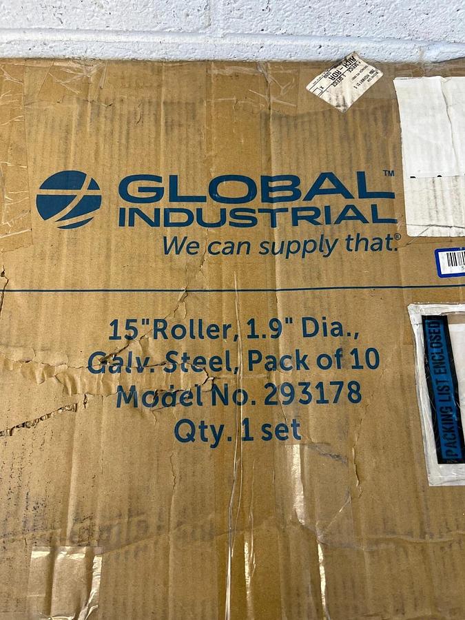 Used Global Industrial 293178 15” Roller, 1.9” Diameter Galvanized Steel, Pack of 10