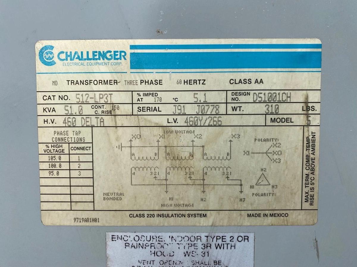 Used Challenger 512-LP3T Transformer, 51KVA, 3 Phase, 60 Hertz, Class AA