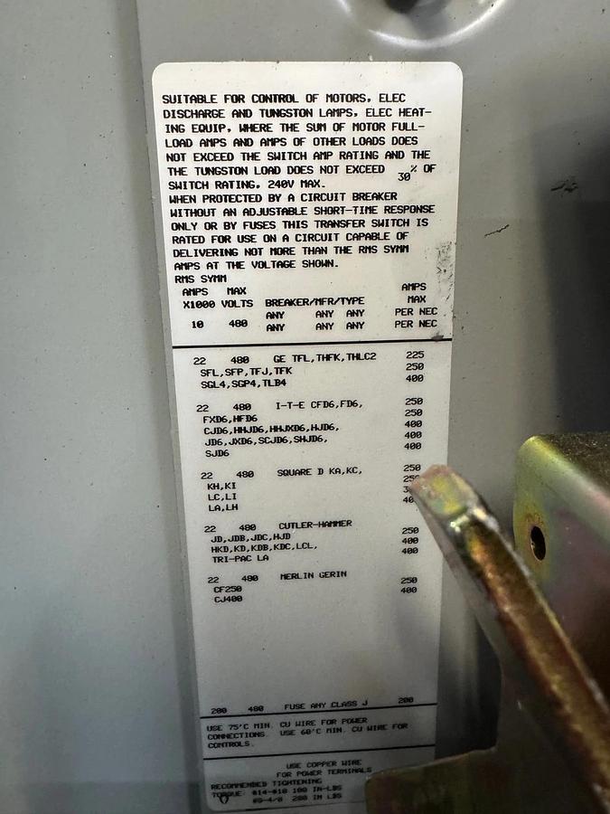 Used Asco D07ATSA20200F5XC 7000 Series Automatic Transfer Switch, 200A, 240V
