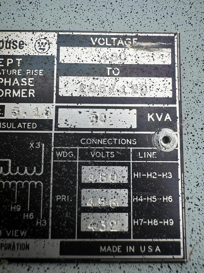 Used Westinghouse 6E997 Transformer, 30 kVA, 208-120/460V, Type EPT