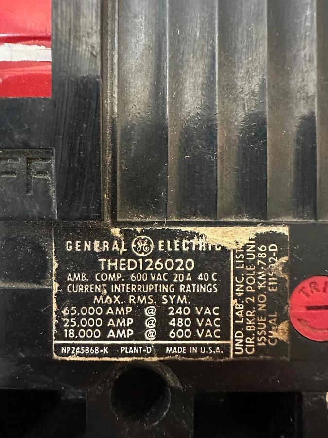 Used General Electric THED126020 20A 3 Pole Circuit Breaker