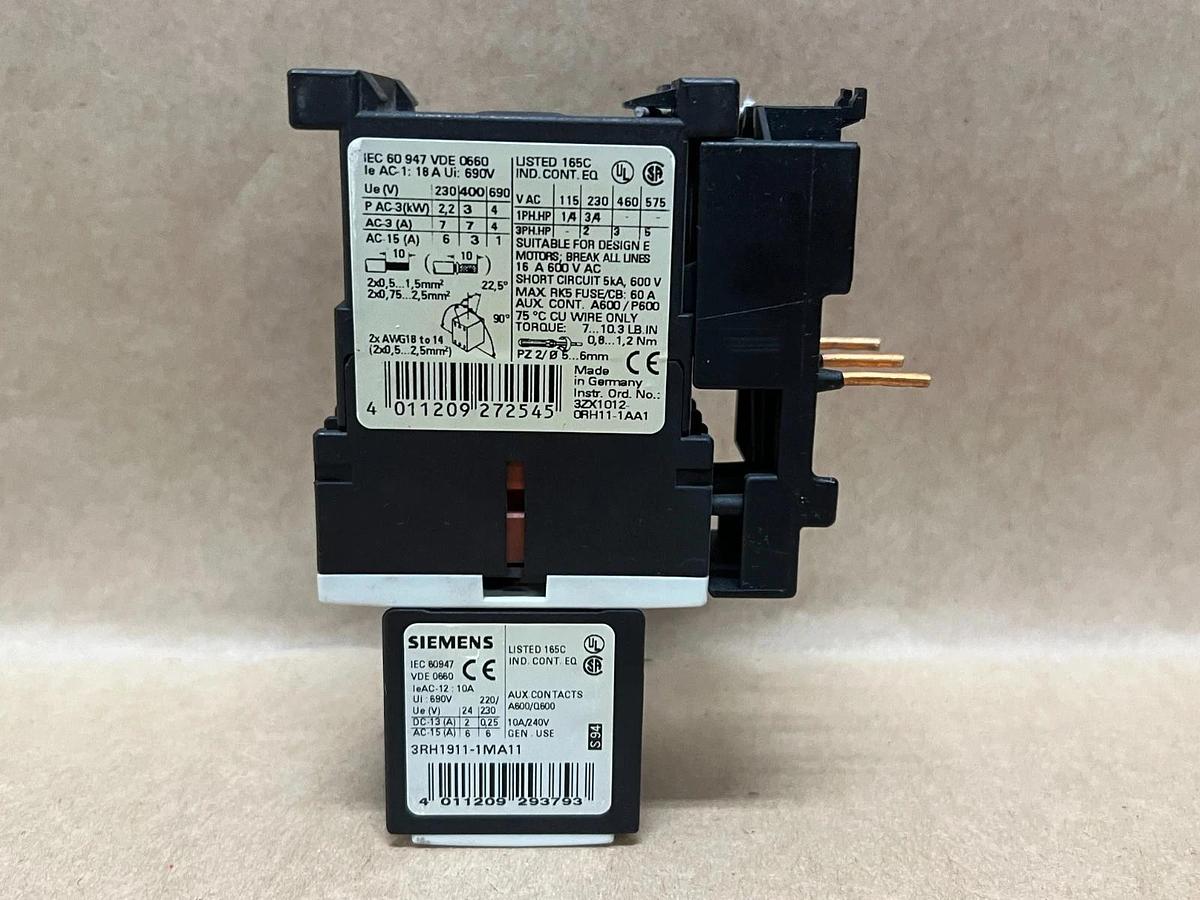 Used Siemens 3RT1015-1BB41 SIRIUS 3R Contactor, 3RH1911-1MA11 Auxiliary Contact Block