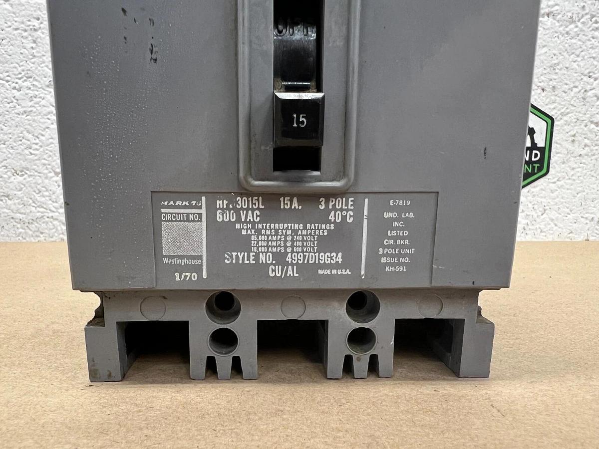 Used Westinghouse HFB3015L 15 Amp, 600 VAC, 3 Pole, Circuit Breaker