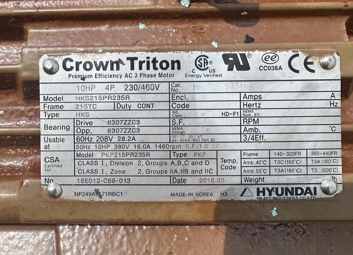 Used Vickers Hydraulic Pump 1117 w/ Crown Triton HKS215PR235R, 10Hp, 1760RPM Motor