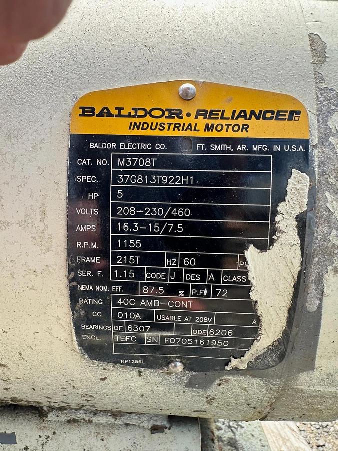 Used Baldor M3708T 5Hp Motor @ 1155RPM, 208-230/460V, 3 Phase, Frame 215T, 60Hz
