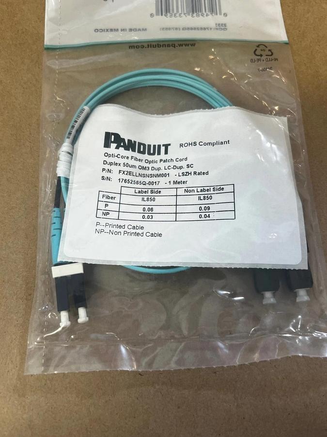 Used Panduit FX2ELLNSNSNM001, 1m OM3 Multimode Fiber Optic Patch Cord,  2 Fibers *NEW