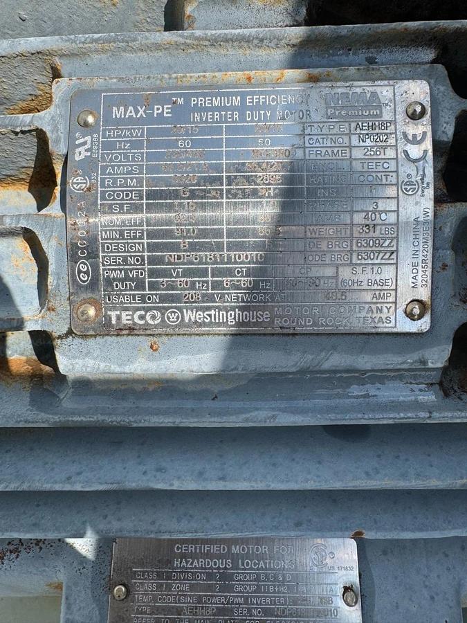 Used Twin City Fan & Blower CW 90° Top Horizontal Blower, 20Hp Motor 3520RPM 230/460V