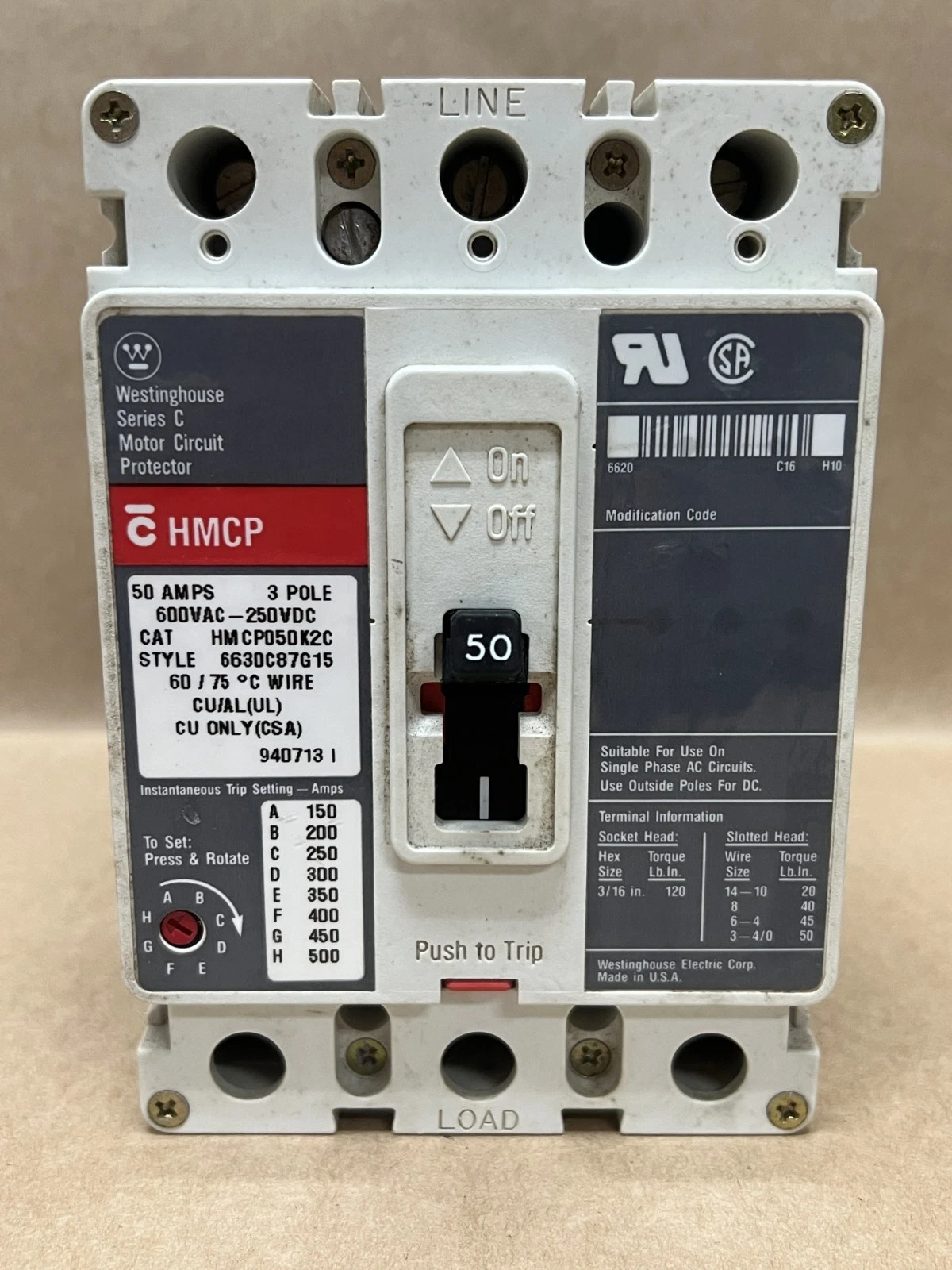 Used Westinghouse HMCP050K2C 50A, 3 Pole Ser C Motor Circuit Protector