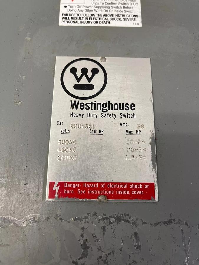 Used Westinghouse RHUN361 Safety Switch 3R Enclosure, Rainproof 30 Amp 600V