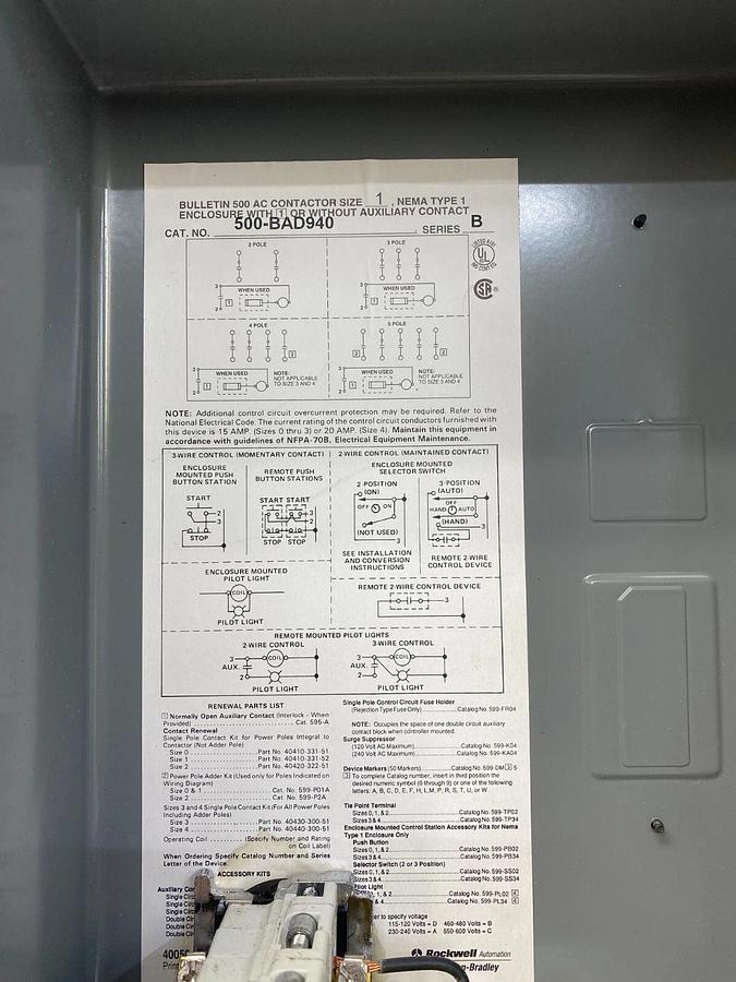 Used Allen Bradley 500-BAD940 Series B Nema Type 1 Enclosure Contactor Size 1