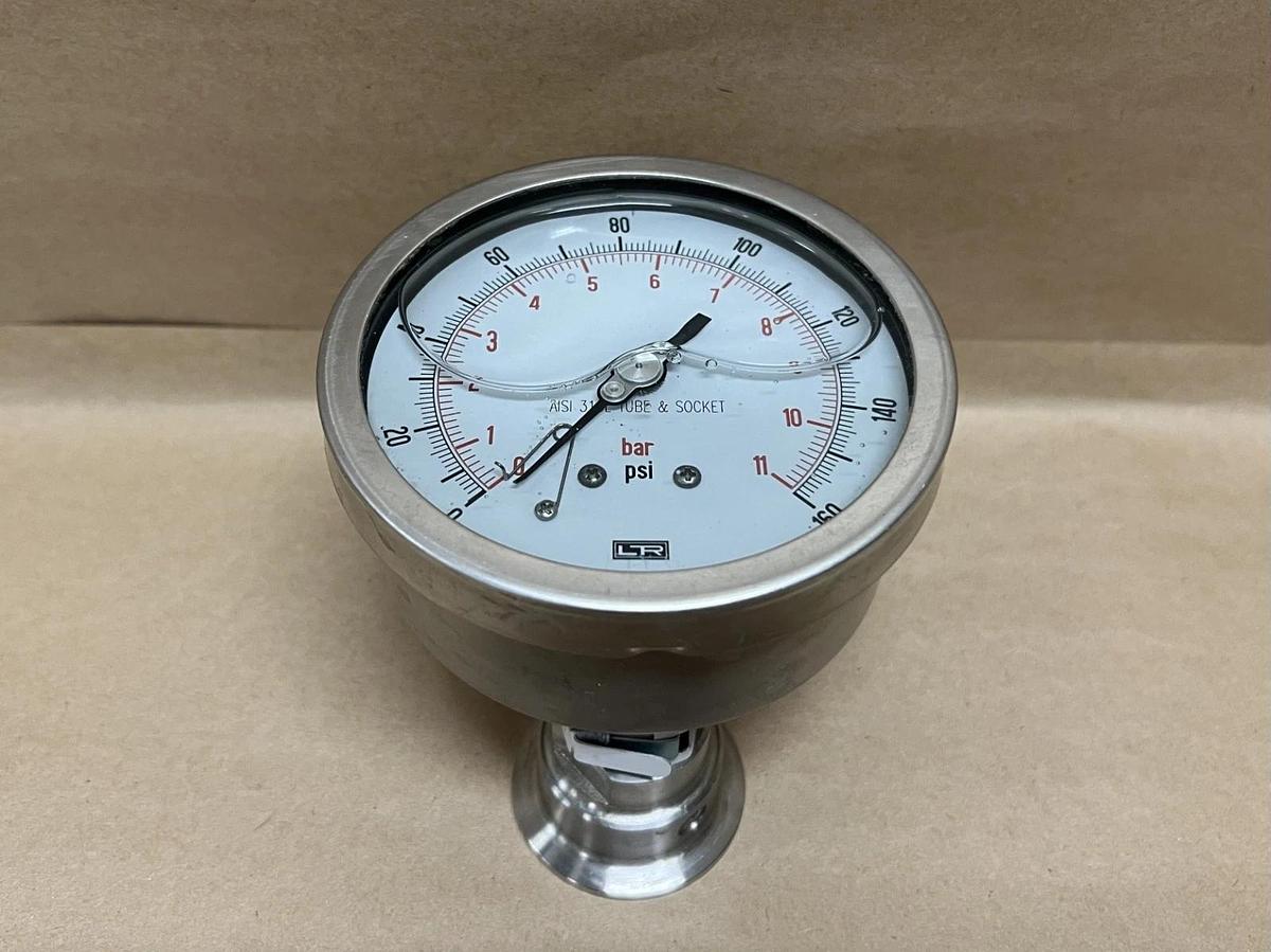 Used LTR 0-160 PSi, 0-11 bar Pressure Gauge w/ AISI 316L SS Tube + Socket
