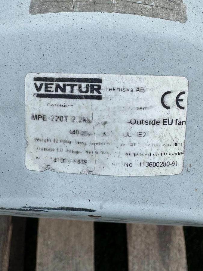 Used Ventur MPB-220T Centrifugal Fan w/ 3Hp Motor