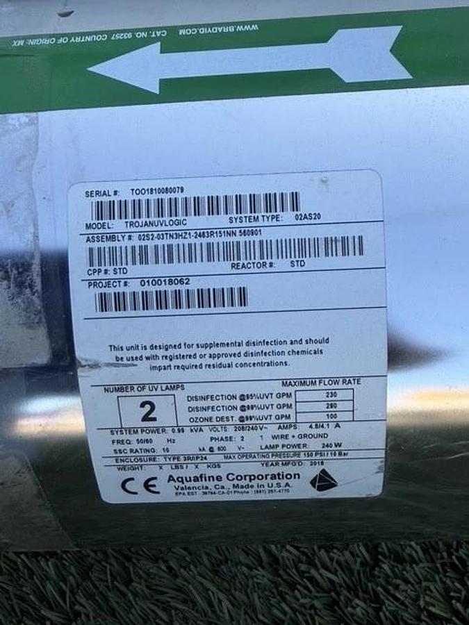 Used Aquafine Corporation TROJANUVLOGIC 02AS20 UV Water Treatment System