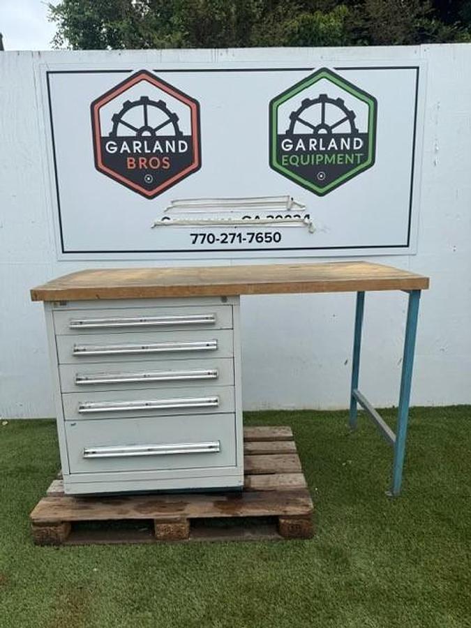 Used Stanley Vidmar 60” x 30” Butcher Top Desk, 5-Drawer Cabinet 30” x 28” Cabinet