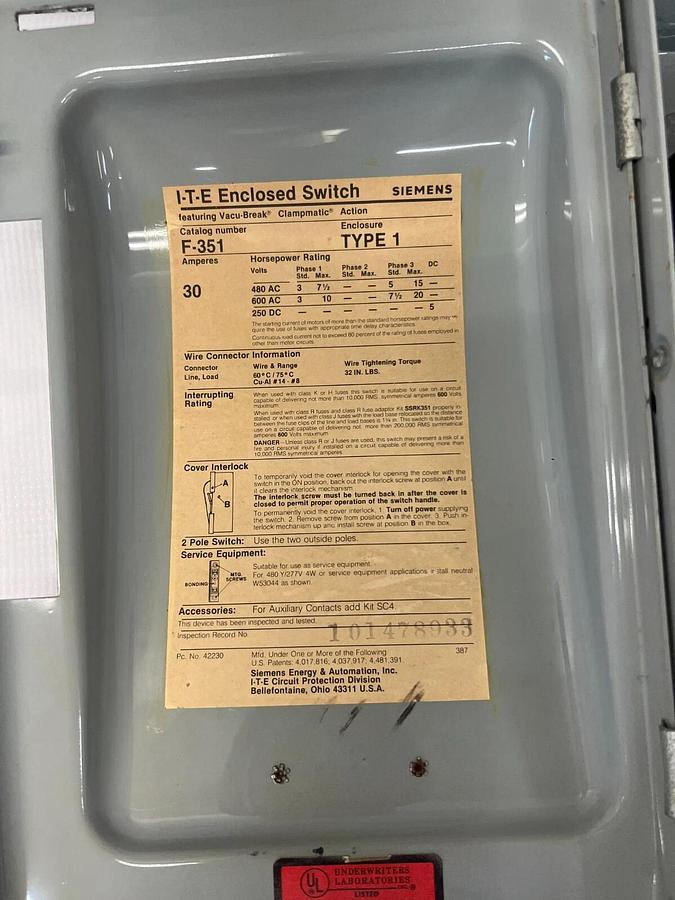 Used I-T-E F351 30 Amp Heavy Duty Enclosed Switch 600 Volts