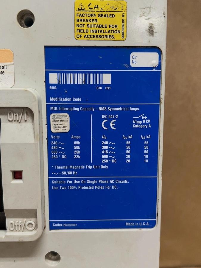 Used Cutler-Hammer MDL3800F 800A Max, 3 Pole 600VAC Ser C Industrial Circuit Breaker