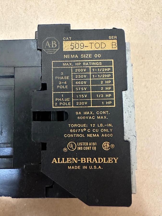 Used Allen Bradley 509-TOD NEMA Size 00 Starter