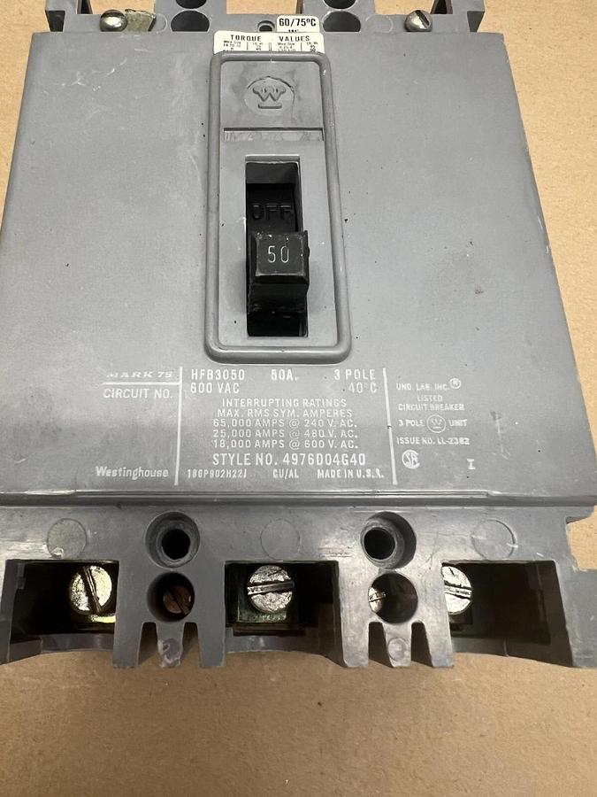 Used Westinghouse HFB3050 50A, 3 Pole Circuit Breaker