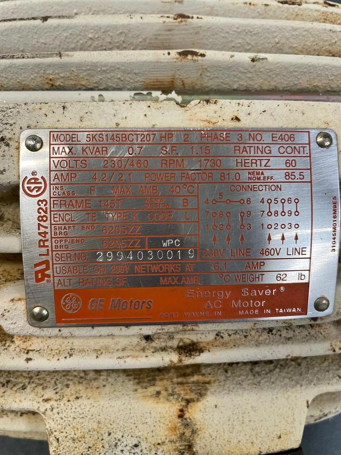 Used General Electric Motors 5KS145BCT207 3 Ph Motor 2HP 230/430V 1730 Rpm 4.2/2.1Amp