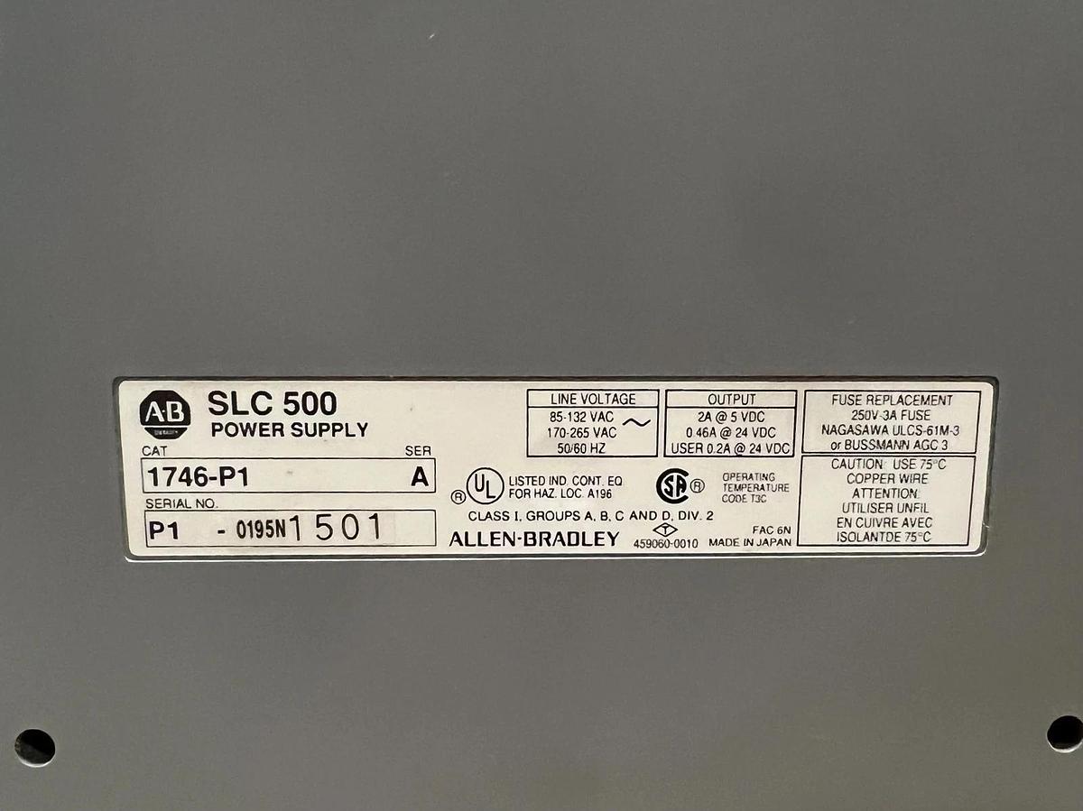 Used Allen Bradley 1746-P1 SLC 500, 7 Slot Power Supply (Broken End Cap) Chassis