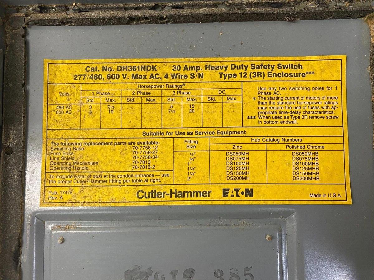 Used Cutler-Hammer DH361NDK 30 Amp Heavy Duty Safety Switch 277/480 600V 4 Wire