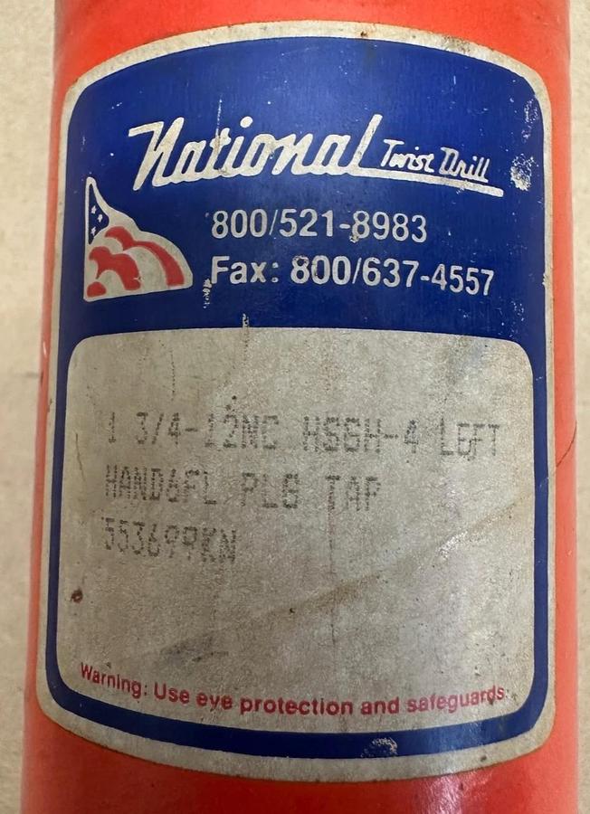 Used National Twist Drill 553699KN 1 3/4 -12NC HS6H-4 Left Hand6FL PLG TAP *NEW*