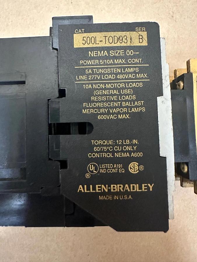 Used Allen Bradley 500L-TOD93 NEMA Size 00 Starter, 195-FA11 Auxiliary Contact Block