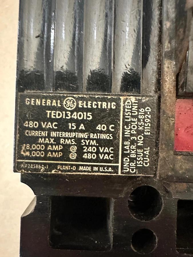 Used General Electric TED134015 15A 3 Pole Circuit Breaker