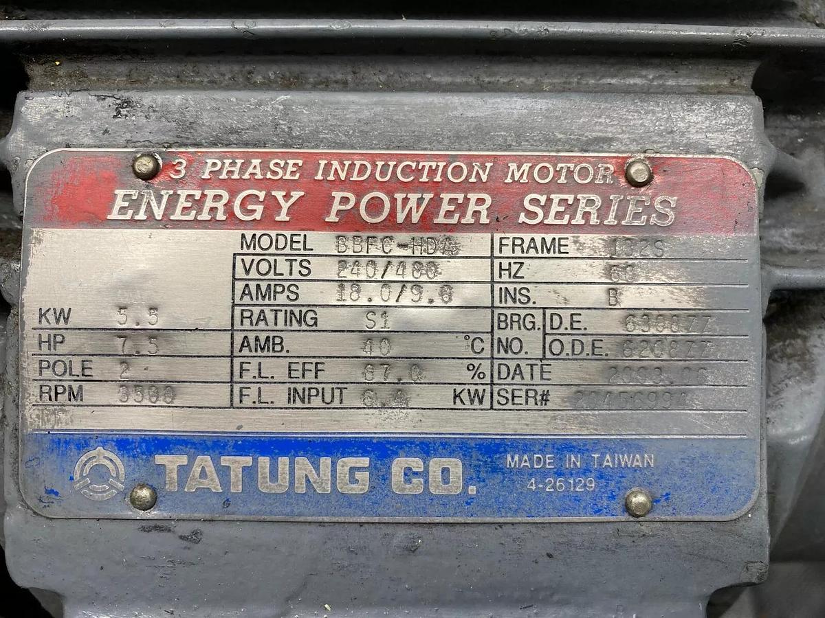 Used Tatung BBFC-HDA, 7.5HP Electric Motor, 3500 RPM, 3 Phase, Frame: 1326