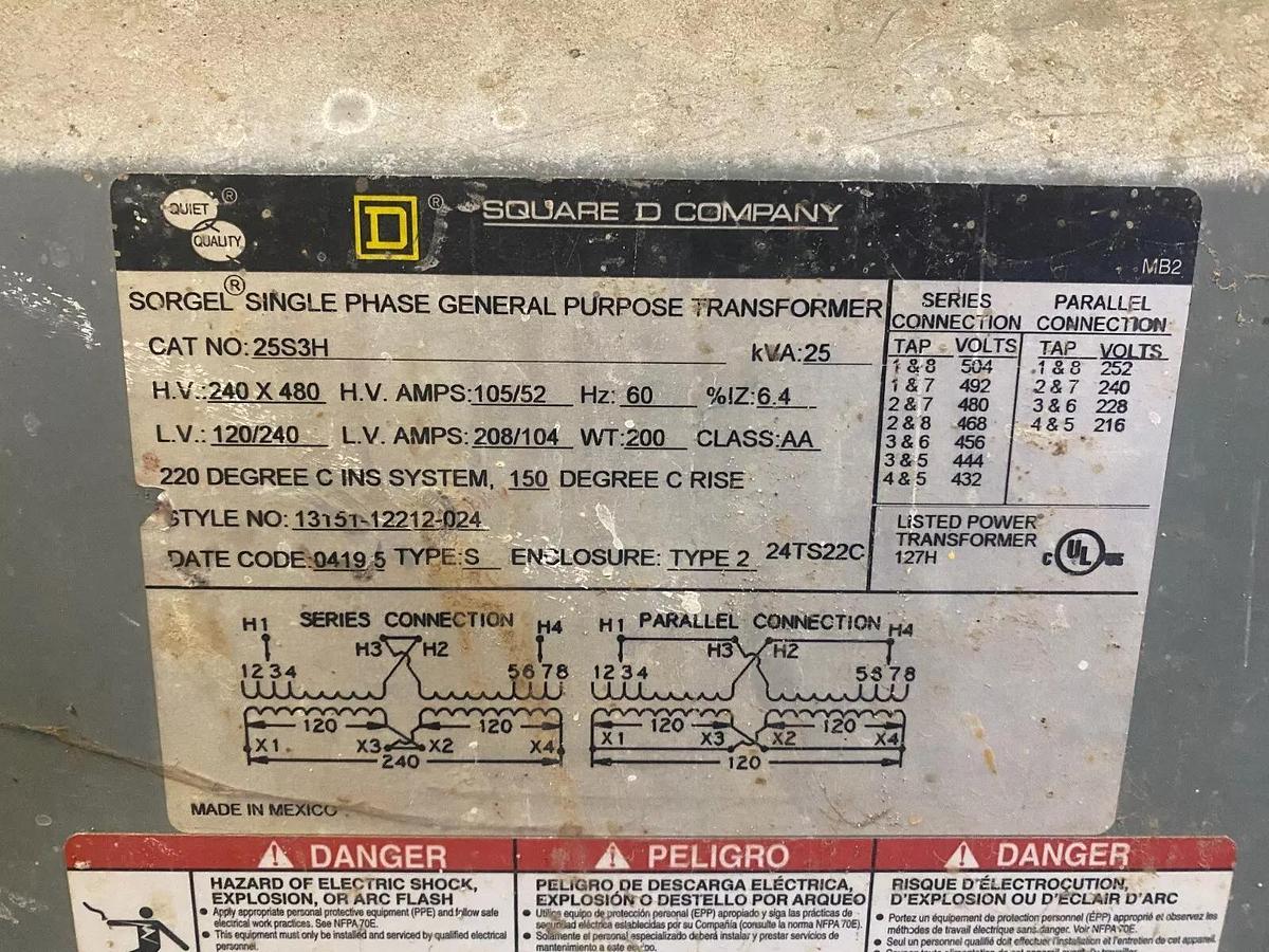 Used Square D 25S3H Single Phase General Purpose Transformer - 25 kVA