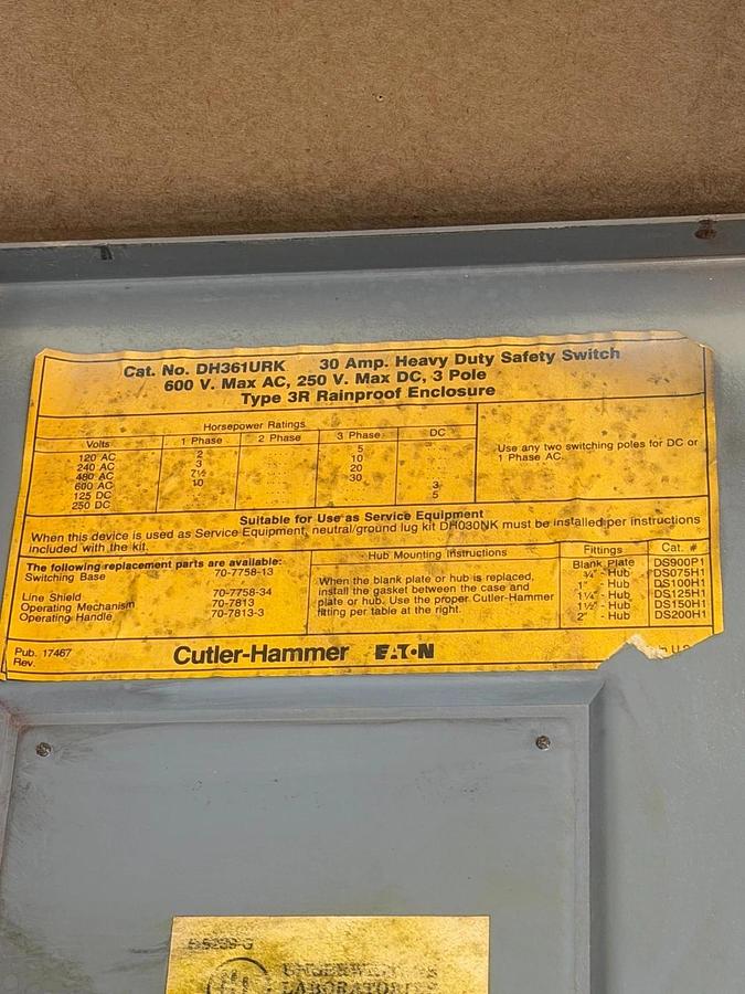Used Cutler Hammer DH361URK Heavy Duty Safety Switch, 30A, 250VDC, 600VAC