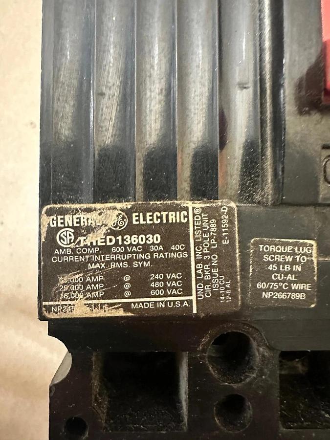 Used General Electric THED136030 30A 3 Pole Circuit Breaker