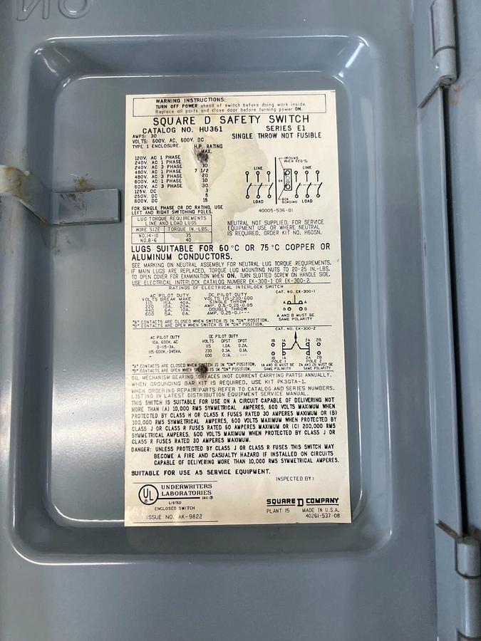 Used Square D HU361 Safety Switch 30 Amp, 600 VAC, 3 Phase