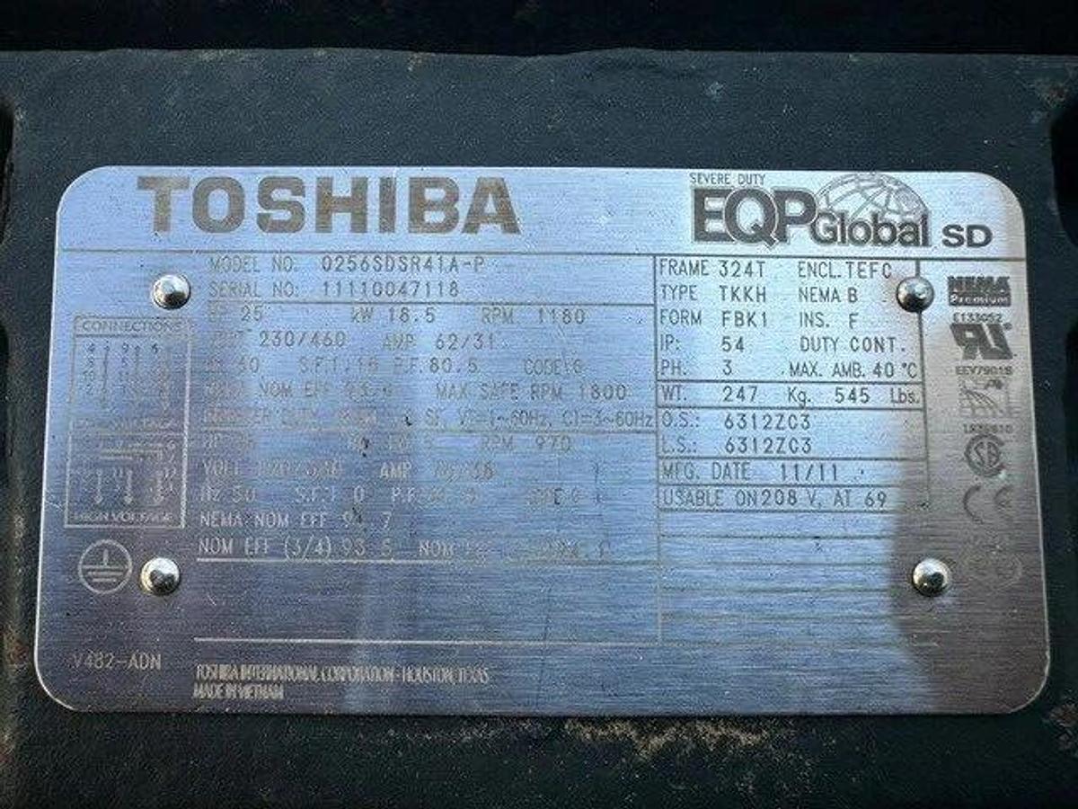 Used Toshiba 0256SDSR41A-P Heavy Duty Motor, 25 HP, 230/460 V, 31/62A, 1180 RPM