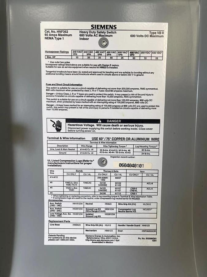 Used Siemens HNF362 Heavy Duty Safety Switch, 60 Amps, 600 V AC/DC