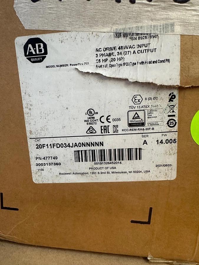Used Allen Bradley 20F11FD034JA0NNNNN Powerflex Air Cooled 753 *NEW*