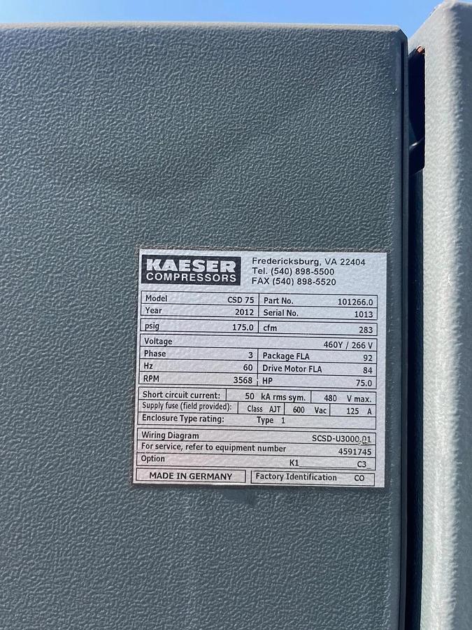 Used Kaeser CSD 75 Rotary Screw Air Compressor, 75Hp, CFM: 283, PSIG: 175