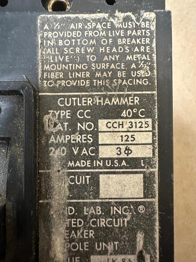 Used Cutler Hammer CCH3125 125A 3 Pole Circuit Breaker
