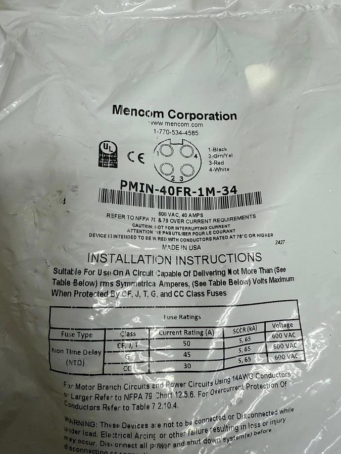 Used Mencom Corp PMIN-40FR-1M-34 Power Receptacle 600V 40A *NEW*