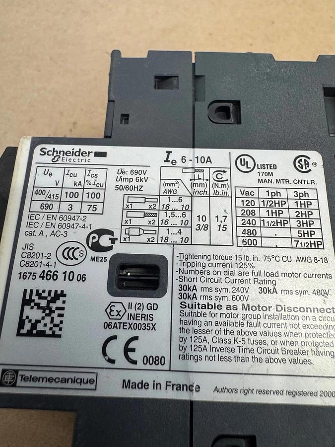 Used Schneider Electric GV2ME14 Motor Starter Circuit Protector, 6-10 A, 690 V, 3kA