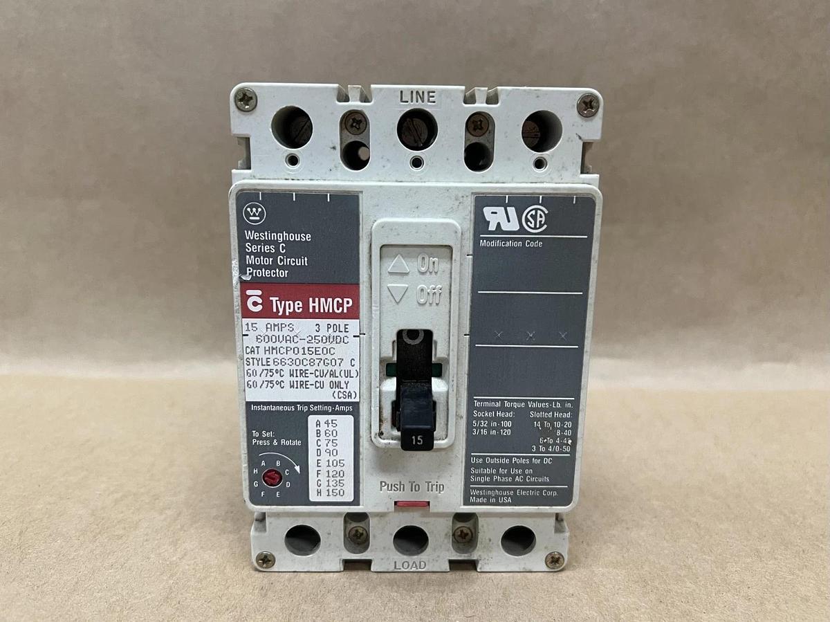 Used Westinghouse HMCP015E0C 15A, 3 Pole Motor Circuit Protector (Style: 6630C87G07)