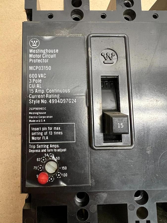 Used Westinghouse MCP03150 Motor Circuit Protector 3P, 600VAC, 15A